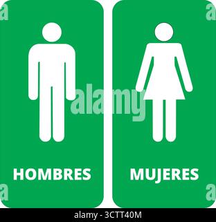 Hombres y mujeres bathroom signs on a green background (trad. women and men) Stock Vector