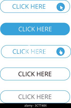 Simple and thin white and blue click here bar button isolated on a white background Stock Vector