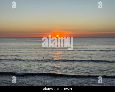 Surfers at Sunset, Widemouth Bay, North Cornwall, England, UK Stock Photo