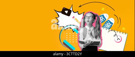 Creative Collage Showing a Girl Lost in Thought Against a Bright Background Featuring School Items Stock Photo