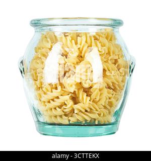 Raw pasta Fusilli in a glass jar isolated on white background. Raw and Dry Macaroni. Italian Culture. Top view. File contains clipping path. Stock Photo