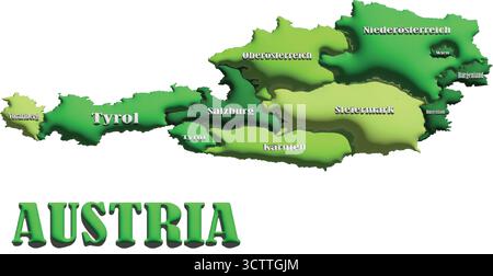 Austria Map – Green 3D Balloon Vector Illustration of Country Outline for Geography, Travel, and Education Stock Vector