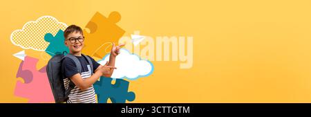 Happy Child With Backpack Showing Excitement for School in Colorful Collage Setting Stock Photo