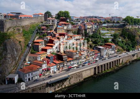 Funicular dos Guindais railway connecting Ribeira on the river bank with Batalha at the top of the city near the Luiz I Bridge on July 12, 2025 in Por Stock Photo