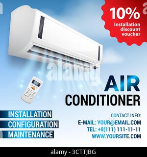 Air Conditioning Repair Flyer with Realistic detailed isometric air conditioning blowing cold air in the room. Installation discount voucher Stock Vector