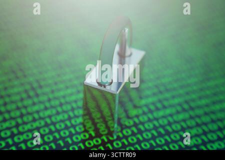 Cybersecurity concept with a padlock over binary code background, symbolizing data protection, encryption, and internet security in the digital world. Stock Photo