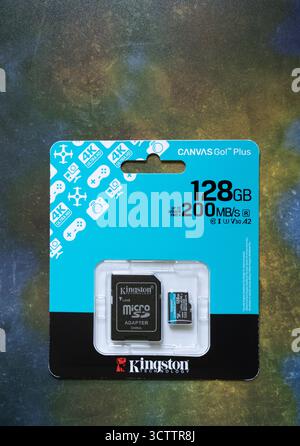 Kingston Canvas Go Plus 128GB fast micro SD card isolated on abstract background Stock Photo
