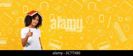 Collage of a Cheerful Child With a Book on Head in a Vibrant School-Themed Background Stock Photo