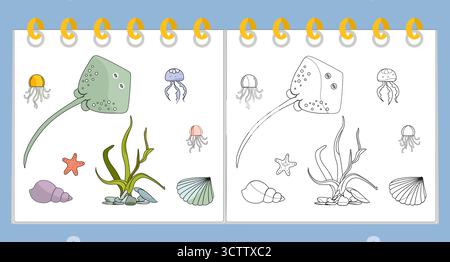 Ocean bottom coloring page with fish and algae. Sea life coloring book ...