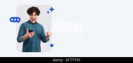 Excited Young Man Celebrating a Victory While Checking His Phone Stock Photo