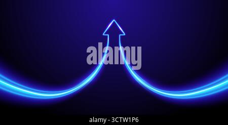 Blue glowing arrow up. Neon lines combining upward. Symbol of growth, synergy, success. Futuristic tech concept on dark gradient background. Stock Vector