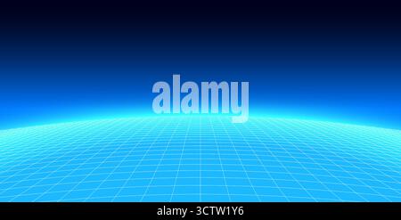 Wireframe landscape. Blue glowing digital grid. Retro futuristic landscape, minimal style. Stock Vector