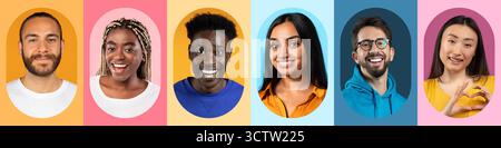 Diverse Group of Smiling Individuals Against Colorful Backgrounds in a Collage Setting Stock Photo