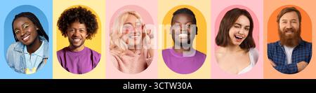 Diverse Group Smiling Joyfully in a Colorful Collage Set Featuring Vibrant Backgrounds Stock Photo