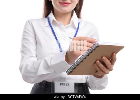 Journalist taking notes on white background, closeup Stock Photo