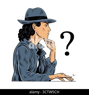 Vector illustration of a female detective in profile pondering beside a question mark. Retro pop art, hand drawn outline style, isolated on white. Con Stock Vector