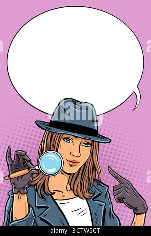 Vector illustration of a confident female detective in a retro hat holding a magnifying glass and pointing to herself. Pop art halftone poster templat Stock Vector