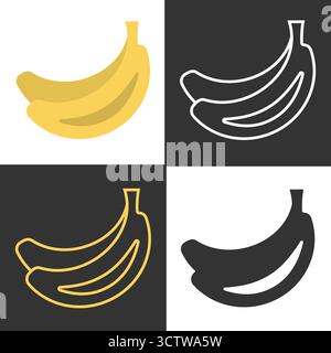 Colorful line icons of bananas are displayed in four quadrants, featuring yellow, white, gold, and black designs. Each icon contrasts with its background, highlighting the fruit shape. Stock Vector