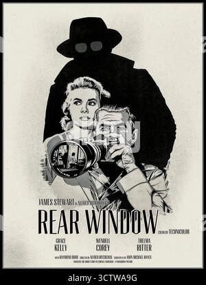 REAR WINDOW ALFRED HITCHCOCK 1954 Vintage B&W Movie Film Poster ' Rear Window' directed by Alfred Hitchcock starring James Stewart, Grace Kelly, Wendell Corey, Thelma Ritter Raymond Burr, Rear Window is a 1954 American mystery thriller film written by John Michael Hayes based on Cornell Woolrich's 1942 short story "It Had to Be Murder". Originally released by Paramount Pictures, It was screened at the 1954 Venice Film Festival. Considered to be one of Director Hitchcocks finest films Stock Photo