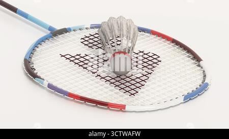 Badminton racket and shuttlecock isolated on white background. 3D illustration. Stock Photo