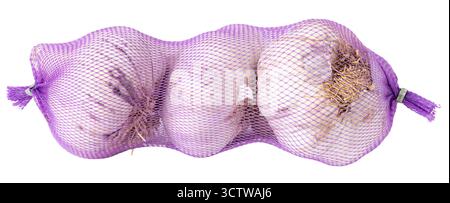Three Garlic Heads in Purple Mesh Bag Isolated on White background Stock Photo