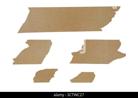 Set of brown masking tape pieces isolated on transparent background. Torn paper tape strips with wrinkled texture and rough edges. Realistic adhesive Stock Photo