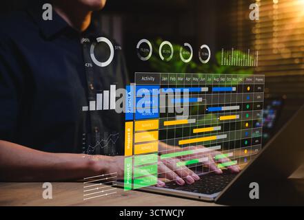 Professional working on digital Gantt chart dashboard with progress analytics, timelines, and performance graphs. Concept of project management, task Stock Photo