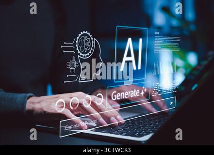 Futuristic concept of artificial intelligence technology, showing hands typing on a laptop with digital interface elements like AI, data, Stock Photo