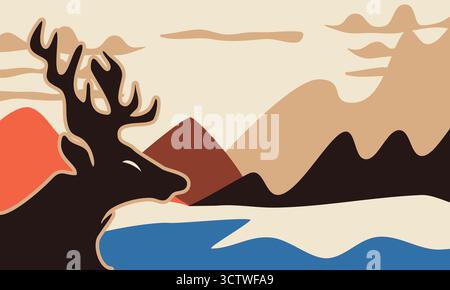 A majestic stag standing proudly in a misty mountain forest. Detailed wildlife illustration showcasing nature, forest atmosphere, and animal beauty, p Stock Vector