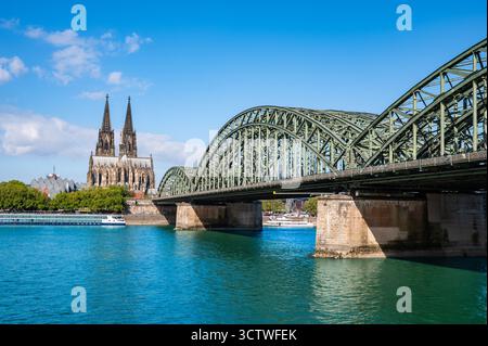 Cologne Railway Bridge and Cathedral Stock Photo