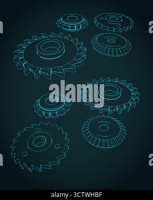 Stylized vector drawings of cutting and milling circles set Stock Vector