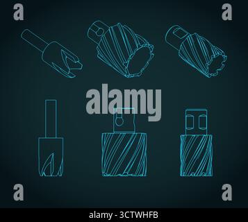 Stylized vector illustrations of isometric blueprints of different annular cutters Stock Vector