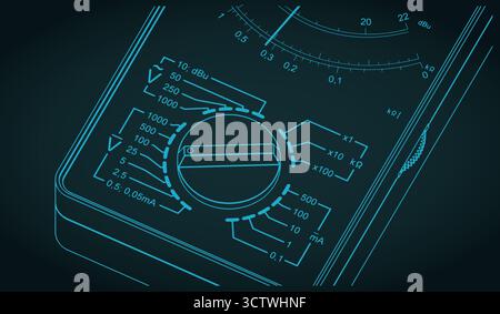 Pointer multimeter measure isometric blueprint close-up stylized vector illustration Stock Vector
