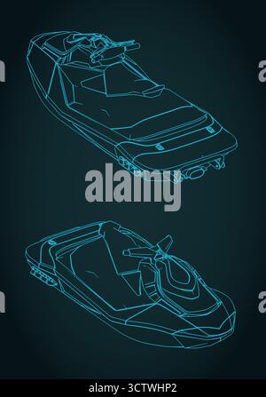 Jet ski isometric drawings stylized vector illustration Stock Vector