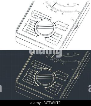 Pointer multimeter measure isometric drawings close-up stylized vector illustrations Stock Vector