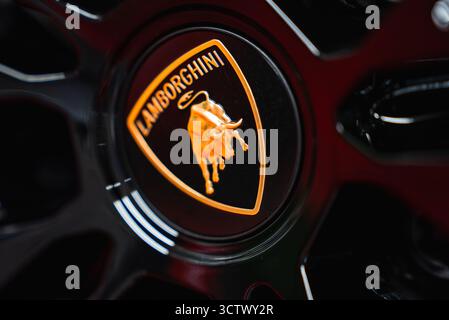 Close Up of Lamborghini Logo on Glossy Black Surface Stock Photo