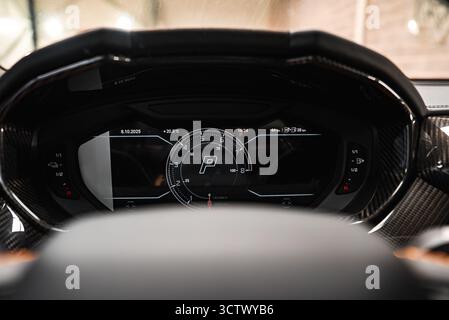 Close Up of Lamborghini Urus Digital Instrument Cluster in Park Mode Stock Photo