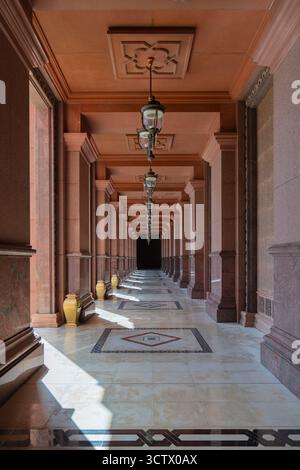 Abu Dhabi, UAE - February 5, 2023. Colonnade, lanterns and marble flooring at the Emirates Palace Mandarin Oriental hotel in Abu Dhabi, UAE. Stock Photo