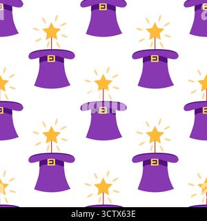 Seamless pattern with CIRCUS theme. magic hat, hare in hat, holiday balloons tents. Cartoon flat style Stock Vector