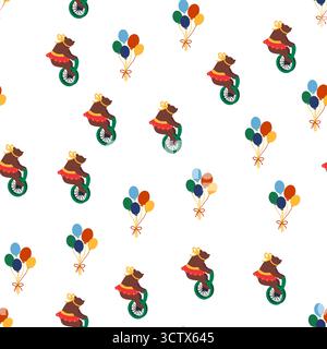 Seamless pattern with CIRCUS theme. lions, magic hat, hare in hat, holiday balloons tents. Circus characters. Cartoon flat style Stock Vector