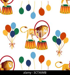 Seamless pattern with a CIRCUS theme. Circus lion character. Flat cartoon style Stock Vector