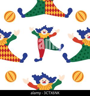 Seamless pattern with a CIRCUS theme. Circus clown character. Flat cartoon style Stock Vector
