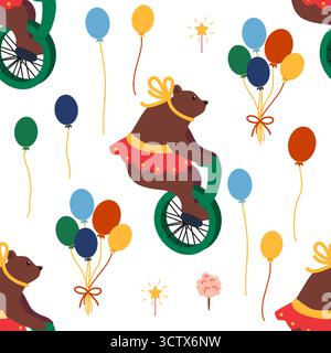 A seamless pattern with a CIRCUS theme. A circus bear character on a bicycle. Flat cartoon style Stock Vector