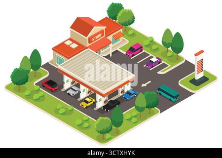 A vector illustration of Isometric of a Gas Station Stock Vector