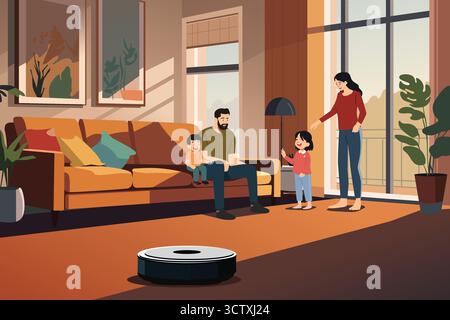 A vector illustration of Family In the Living Room with Robotic Vacuum Cleaner Stock Vector