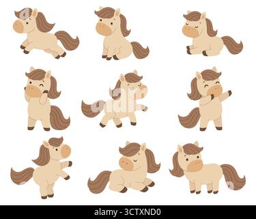 Set of cute horses. Symbol of 2026. Isolated white background. Flat style vector illustration. Stock Vector