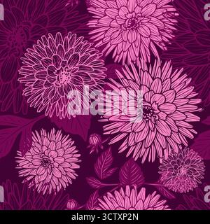 Seamless floral background with dahlias. Hand drawn. Not AI, vector illustration. Stock Vector