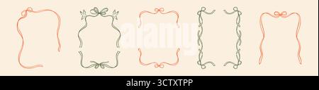 Set of hand drawn doodle coquette whimsical bow ribbon frames and borders. Romantic feminine girly decoration for Christmas and Valentines day cards, Stock Vector