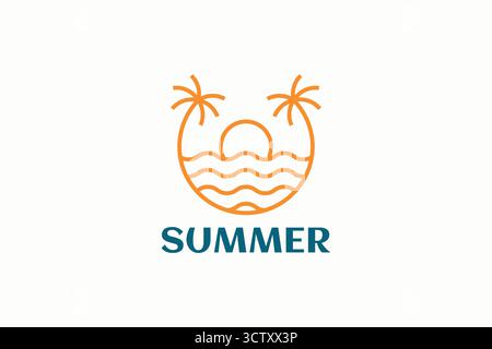 Beach Summer Abstract Logo Badge Linear Style Tropical Vacation Sunset Stock Vector