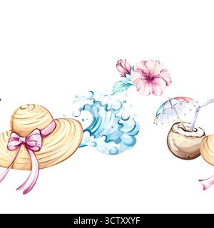 Colorful seamless pattern of summer hats, tropical flowers, waves, and refreshing drinks for a beach themed background, perfect for vacation vibes Stock Vector